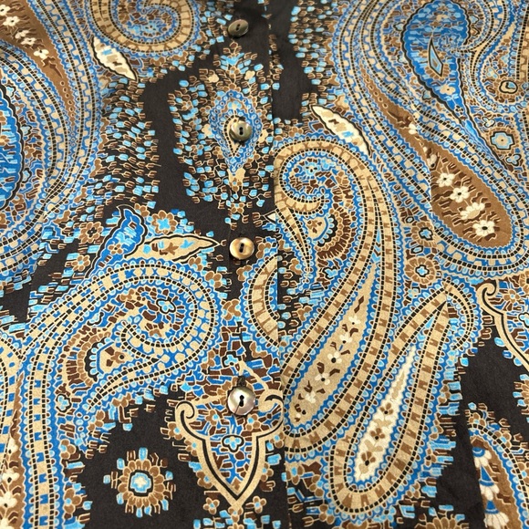 Oscar De La Renta petite brown and blue silk paisley long sleeve top. - Picture 5 of 8